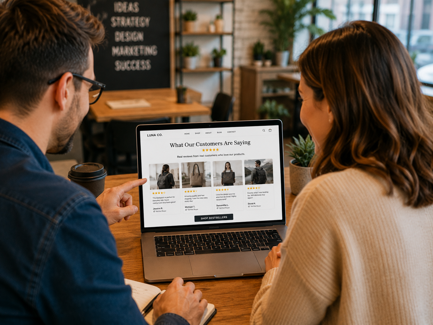 A web designer and a business owner looking at a freshly launched site together