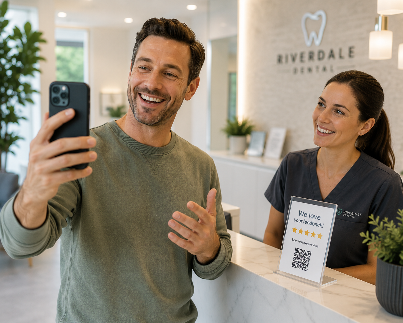 A relieved patient recording a short review at a calm modern clinic