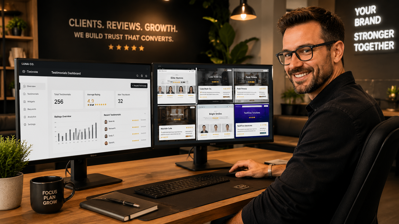 An agency owner at a desk with a testimonials dashboard and client review walls