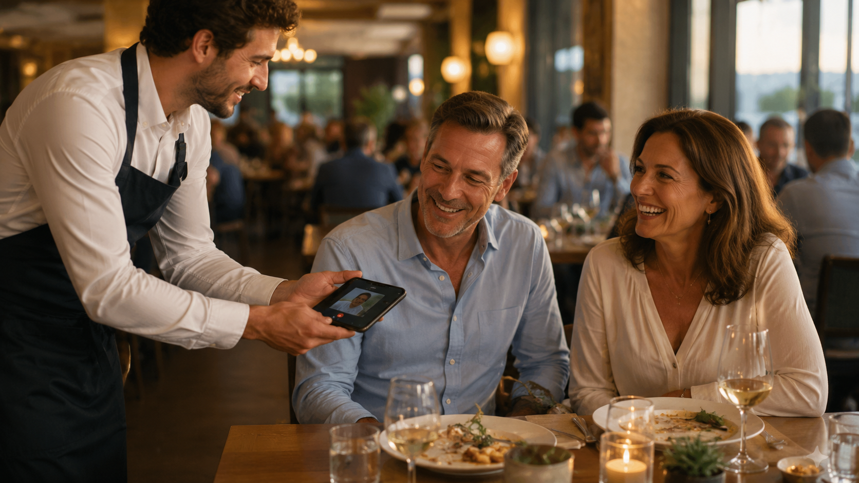 A waiter handing a phone to a happy diner to record a video review