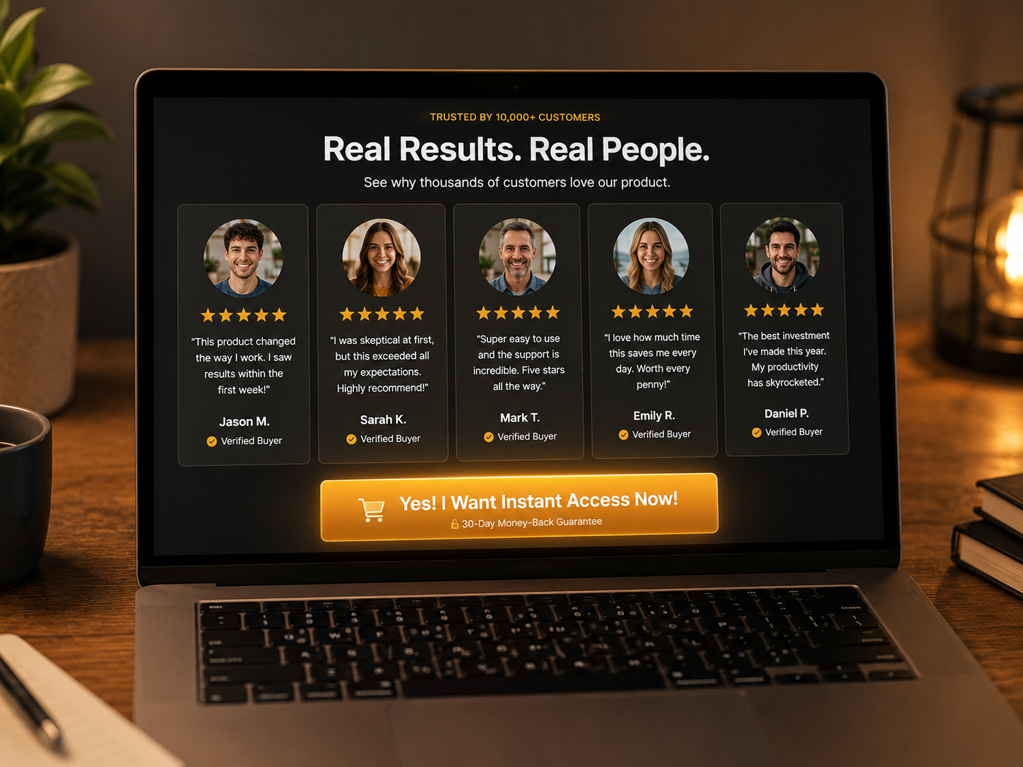 A high-converting sales page with five-star testimonial cards above the buy button