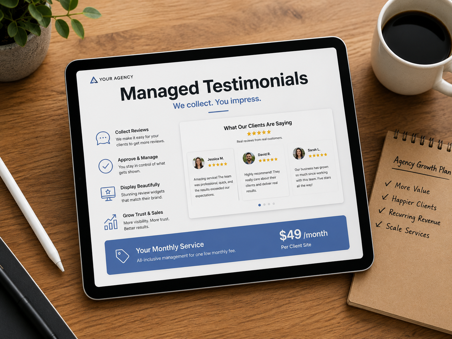 A 'Managed Testimonials' service pitch deck on a tablet on a desk