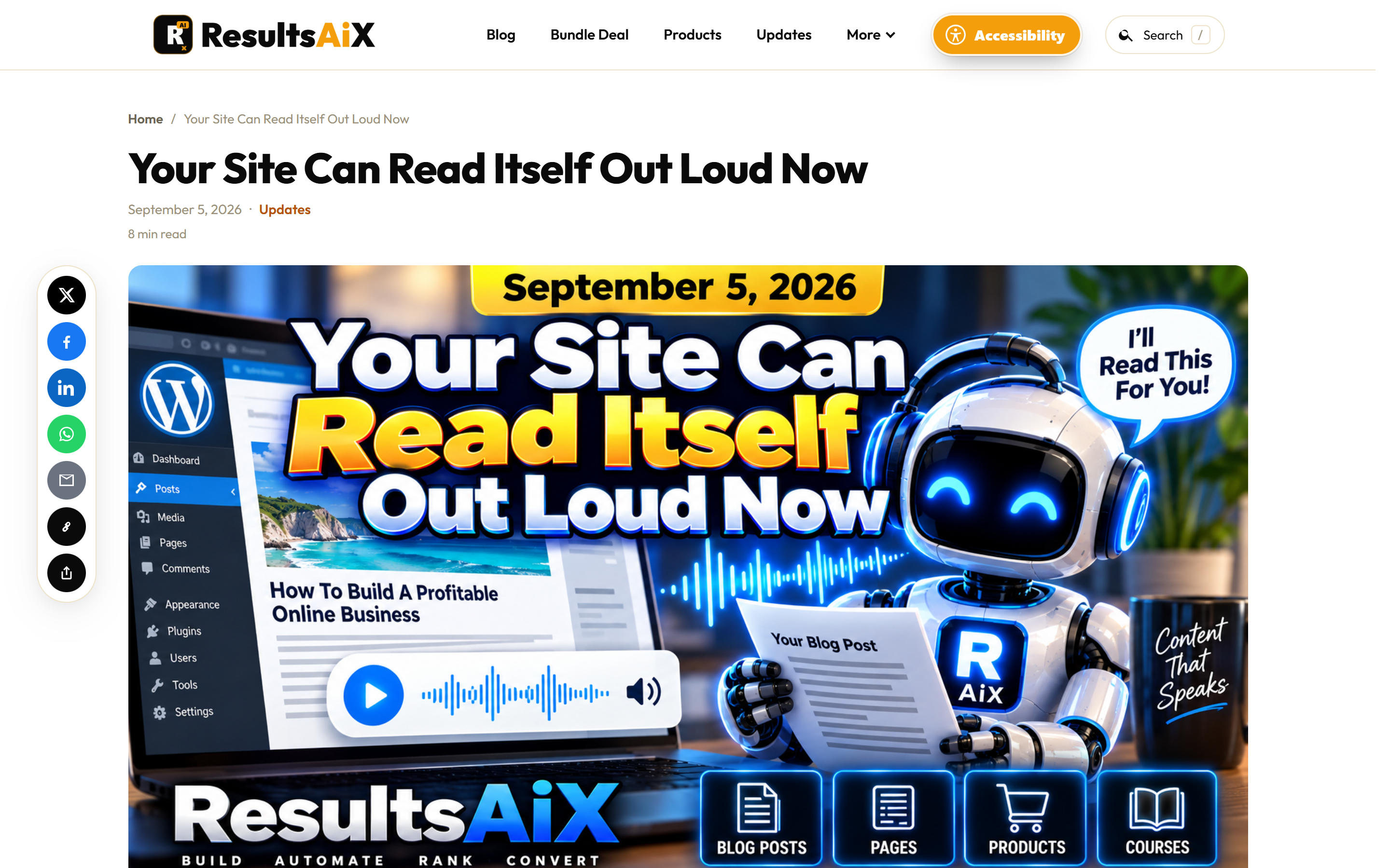 A single post on the ResultsAiX Theme: breadcrumbs, category, reading time, a share rail down the left edge and a full-width featured image.