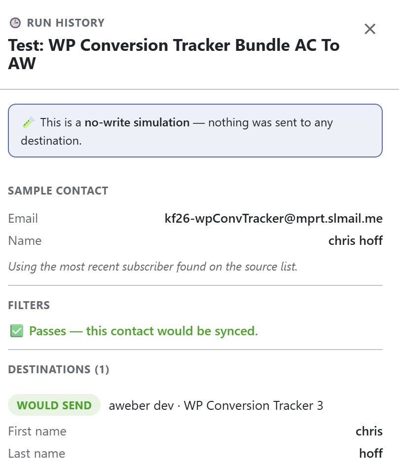 WP Sync dry-run test preview showing the sample contact, filter result and the values each destination would receive